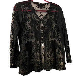 Beechers Brook Sheer Beaded Embroidered Whimsigoth Cardigan Black Quiet Luxury